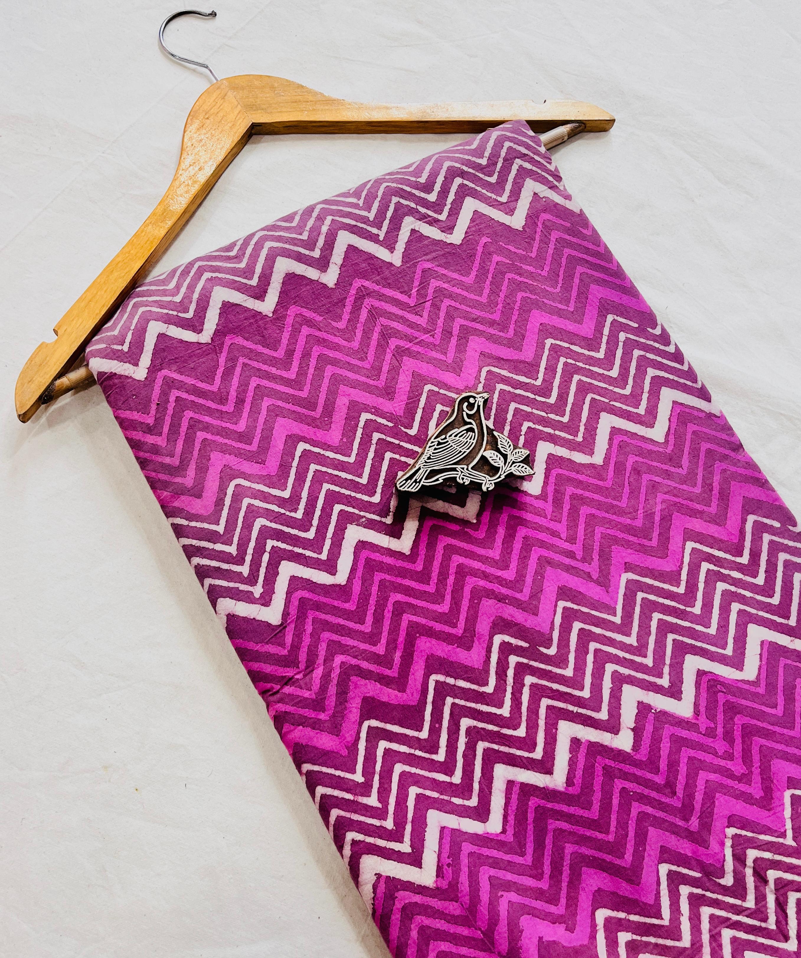 Pink fuschia zig zag geometrical Dabu handblock cotton fabric, bold artisan-made wholesale textile